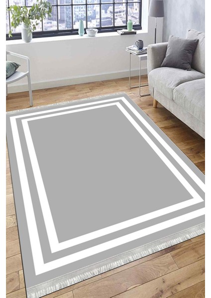 Düz Çizgili Gri Modern Makinede Yıkanabilir Kaymaz Taban Kilim Dot Tabanlı Salon Halısı 0065E