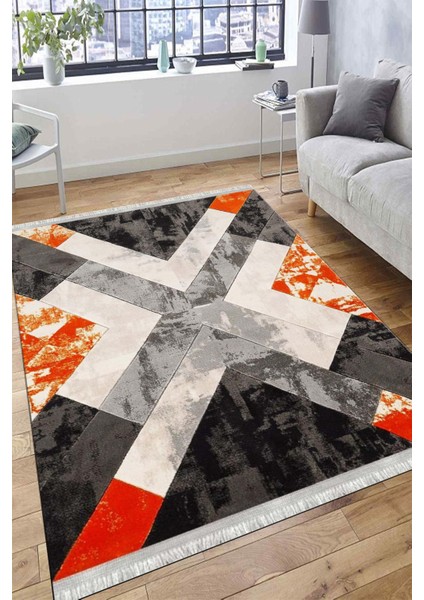 Geometrik Kırmızı Halı Makinede Yıkanabilir Kaymaz Tabanlı Kilim Dot Tabanlı Salon Halısı 0037B