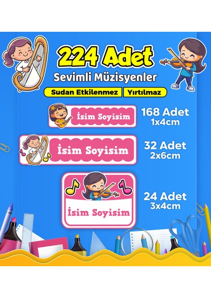 Sevimli Müzisyen Temalı Okul Kreş Kişiye Özel Isim Etiket Seti - Model 508