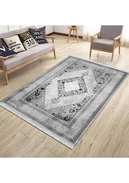 Gri Dekoratif Halı Kaymaz Tabanlı Makinede Yıkanabilir Kilim Dot Tabanlı Salon Halısı 3123A