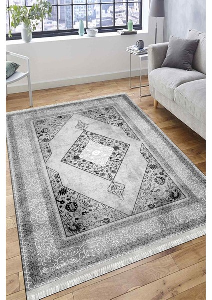 Gri Dekoratif Halı Kaymaz Tabanlı Makinede Yıkanabilir Kilim Dot Tabanlı Salon Halısı 3123A
