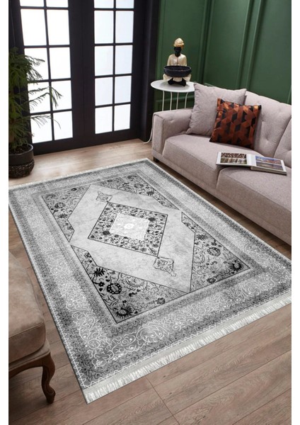 Gri Dekoratif Halı Kaymaz Tabanlı Makinede Yıkanabilir Kilim Dot Tabanlı Salon Halısı 3123A
