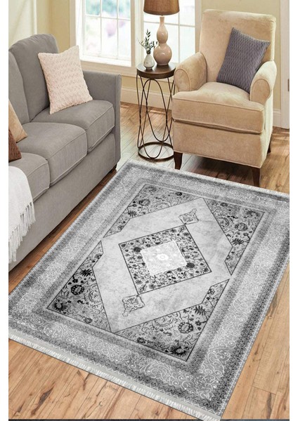 Gri Dekoratif Halı Kaymaz Tabanlı Makinede Yıkanabilir Kilim Dot Tabanlı Salon Halısı 3123A