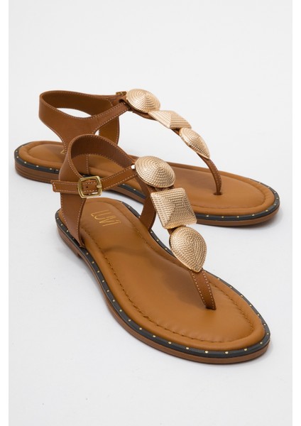 Helen Taba Hakiki Deri Parmak Arası Gold Tokalı Kadın Sandalet