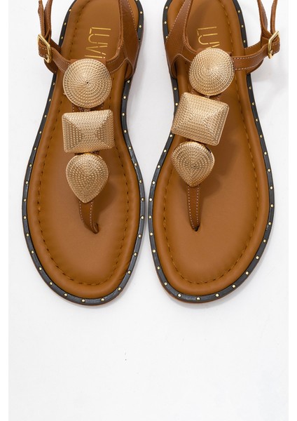 Helen Taba Hakiki Deri Parmak Arası Gold Tokalı Kadın Sandalet fiyatları