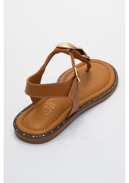 Helen Taba Hakiki Deri Parmak Arası Gold Tokalı Kadın Sandalet indirimleri