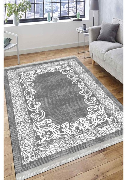 Gri Klasik Motifli Makinede Yıkanabilir Kilim Kaymaz Dot Tabanlı Oturma Odası Halısı 3051C