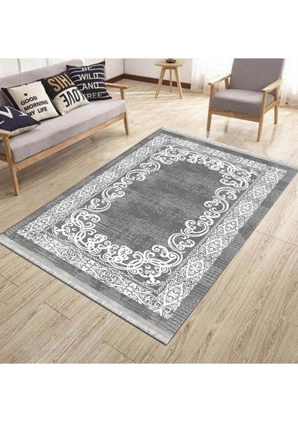 Gri Klasik Motifli Makinede Yıkanabilir Kilim Kaymaz Dot Tabanlı Oturma Odası Halısı 3051C