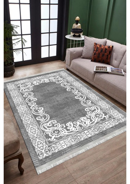 Gri Klasik Motifli Makinede Yıkanabilir Kilim Kaymaz Dot Tabanlı Oturma Odası Halısı 3051C