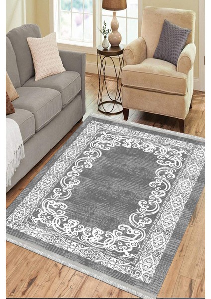 Gri Klasik Motifli Makinede Yıkanabilir Kilim Kaymaz Dot Tabanlı Oturma Odası Halısı 3051C