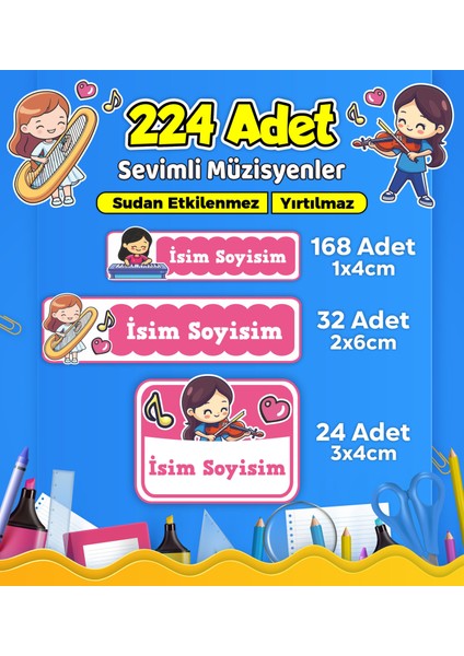 Sevimli Müzisyen Temalı Okul Kreş Kişiye Özel Isim Etiket Seti - Model 506