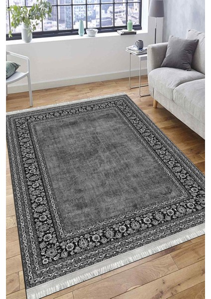 Antrasit Bohem Desen Makinede Yıkanabilir Kilim Kaymaz Dot Tabanlı Koridor Antre Halısı 3058A