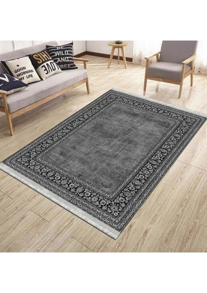 Antrasit Bohem Desen Makinede Yıkanabilir Kilim Kaymaz Dot Tabanlı Koridor Antre Halısı 3058A