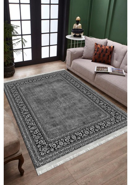 Antrasit Bohem Desen Makinede Yıkanabilir Kilim Kaymaz Dot Tabanlı Koridor Antre Halısı 3058A