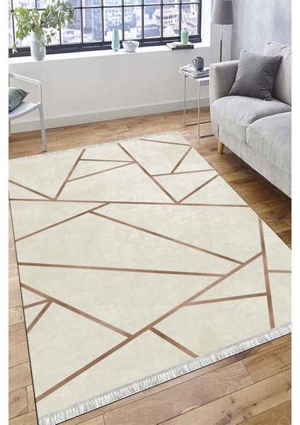 Krem Geometrik Çizgili Makinede Yıkanabilir Kaymaz Tabanlı Halı Dot Tabanlı Salon Halısı 0120E fırsatları