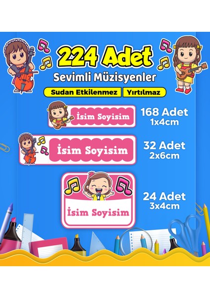 Sevimli Müzisyen Temalı Okul Kreş Kişiye Özel Isim Etiket Seti - Model 502