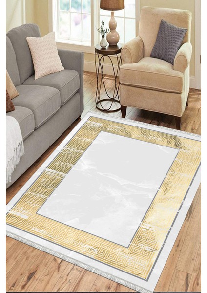 Gold Desenli Makinede Yıkanabilir Kaymaz Taban Halı Dot Tabanlı Salon Halısı 0126B