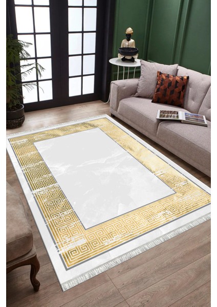 Gold Desenli Makinede Yıkanabilir Kaymaz Taban Halı Dot Tabanlı Salon Halısı 0126B