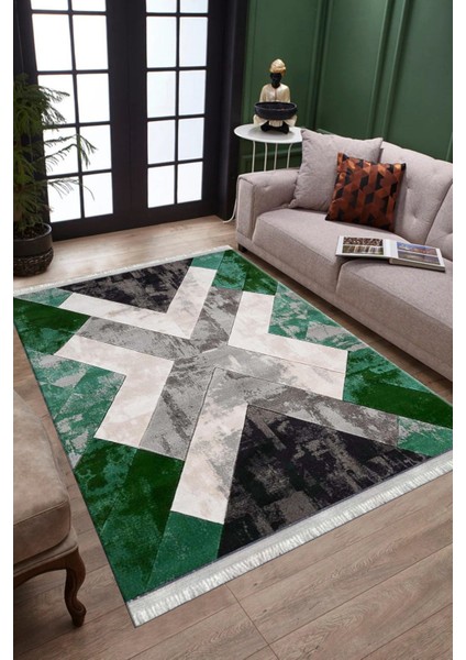 Geometrik Yeşil Halı Makinede Yıkanabilir Kaymaz Tabanlı Kilim Dot Tabanlı Salon Halısı 0037C