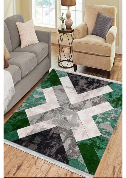 Geometrik Yeşil Halı Makinede Yıkanabilir Kaymaz Tabanlı Kilim Dot Tabanlı Salon Halısı 0037C