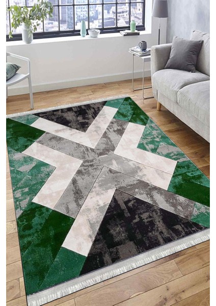 Geometrik Yeşil Halı Makinede Yıkanabilir Kaymaz Tabanlı Kilim Dot Tabanlı Salon Halısı 0037C