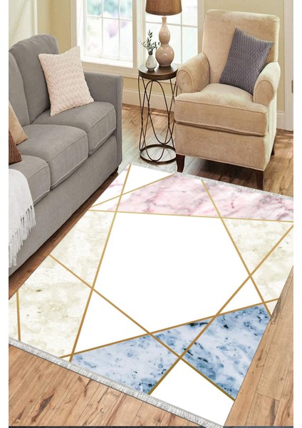 Geometrik Çizgili Makinede Yıkanabilir Kaymaz Taban Halı Dot Tabanlı Salon Halısı 0123A