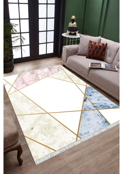 Geometrik Çizgili Makinede Yıkanabilir Kaymaz Taban Halı Dot Tabanlı Salon Halısı 0123A