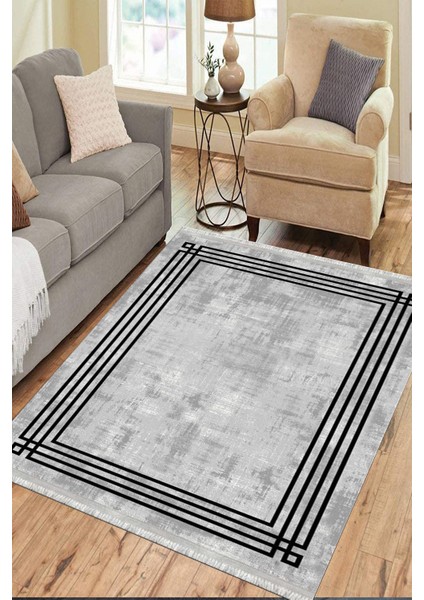 Gri Dekoratif Halı Makinede Yıkanabilir Kaymaz Taban Kilim Dot Tabanlı Salon Halısı 0062B