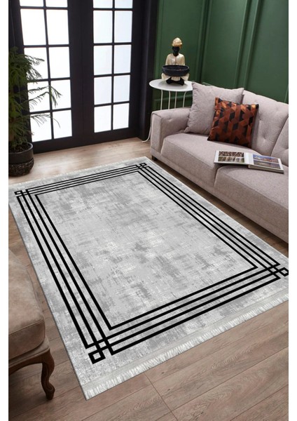 Gri Dekoratif Halı Makinede Yıkanabilir Kaymaz Taban Kilim Dot Tabanlı Salon Halısı 0062B