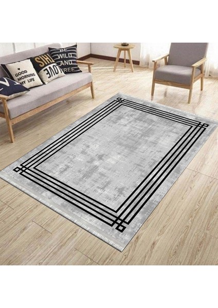 Gri Dekoratif Halı Makinede Yıkanabilir Kaymaz Taban Kilim Dot Tabanlı Salon Halısı 0062B