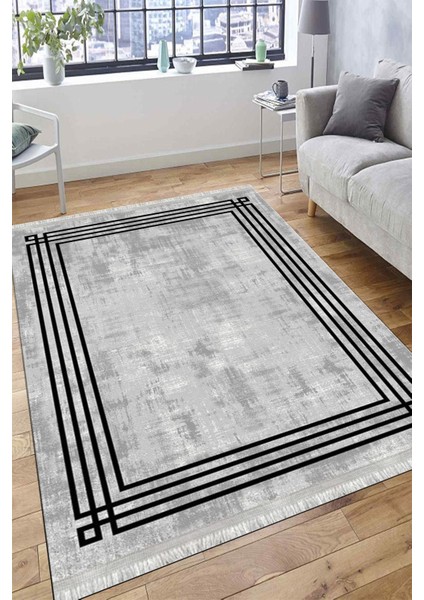 Gri Dekoratif Halı Makinede Yıkanabilir Kaymaz Taban Kilim Dot Tabanlı Salon Halısı 0062B