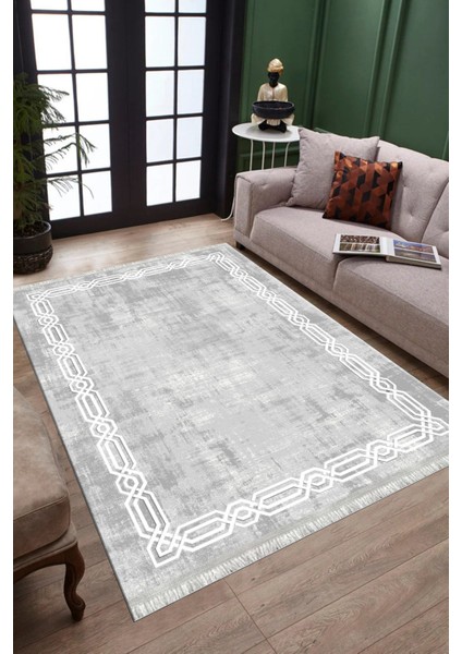 Gri Dekoratif Halı Makinede Yıkanabilir Kaymaz Taban Kilim Dot Tabanlı Salon Halısı 0061C