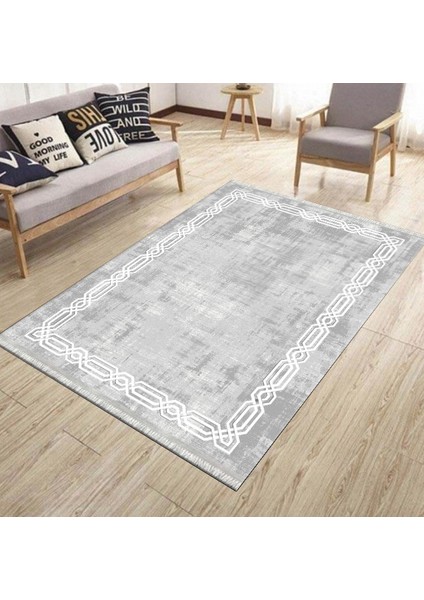 Gri Dekoratif Halı Makinede Yıkanabilir Kaymaz Taban Kilim Dot Tabanlı Salon Halısı 0061C