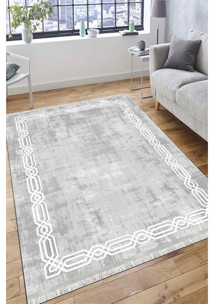 Gri Dekoratif Halı Makinede Yıkanabilir Kaymaz Taban Kilim Dot Tabanlı Salon Halısı 0061C