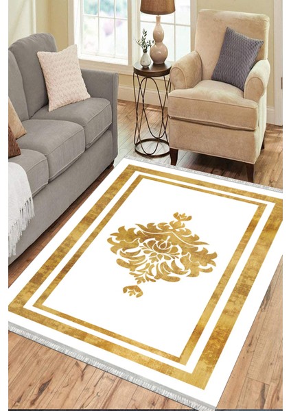 Göbekli Gold Çizgili Halı Makinede Yıkanabilir Kaymaz Taban Kilim Dot Tabanlı Salon Halısı 0064H