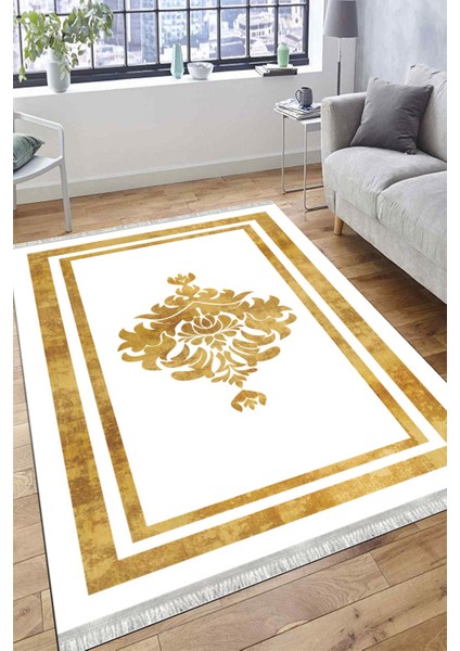 Göbekli Gold Çizgili Halı Makinede Yıkanabilir Kaymaz Taban Kilim Dot Tabanlı Salon Halısı 0064H fırsatları