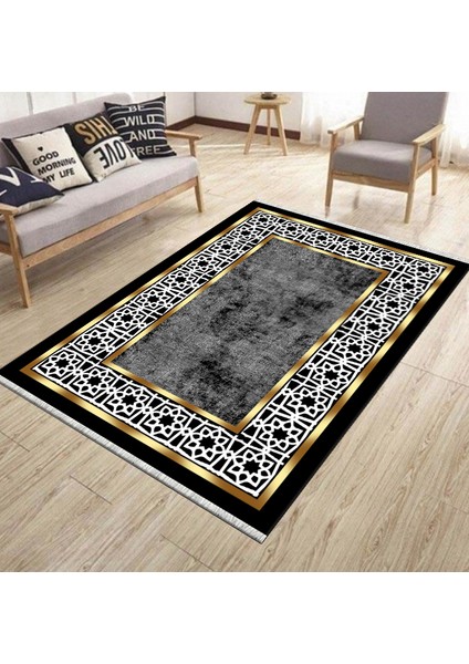 Dekoratif Gold Çerçeveli Makinede Yıkanabilir Kaymaz Tabanlı Halı Dot Tabanlı Salon Halısı 0115C