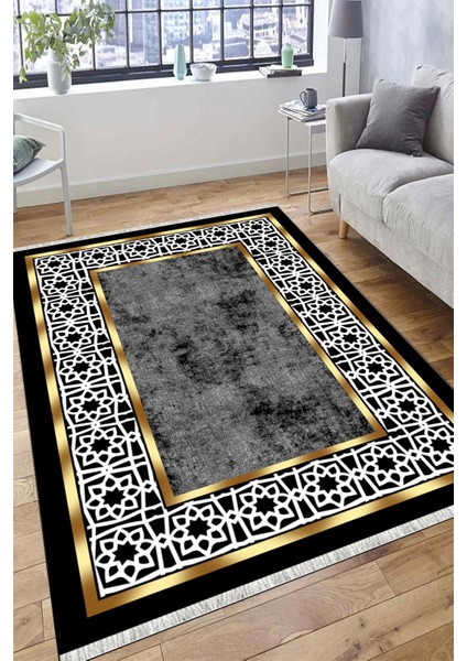 Dekoratif Gold Çerçeveli Makinede Yıkanabilir Kaymaz Tabanlı Halı Dot Tabanlı Salon Halısı 0115C
