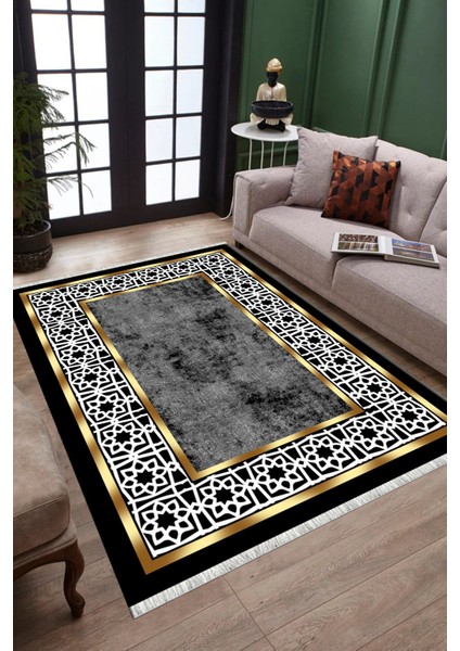 Dekoratif Gold Çerçeveli Makinede Yıkanabilir Kaymaz Tabanlı Halı Dot Tabanlı Salon Halısı 0115C