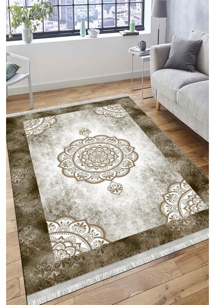 Kahverengi Göbekli Desen Kaymaz Taban Halı Makinede Yıkanabilir Kilim Dot Tabanlı Halı 3019A
