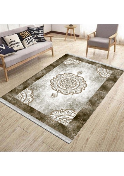 Kahverengi Göbekli Desen Kaymaz Taban Halı Makinede Yıkanabilir Kilim Dot Tabanlı Halı 3019A