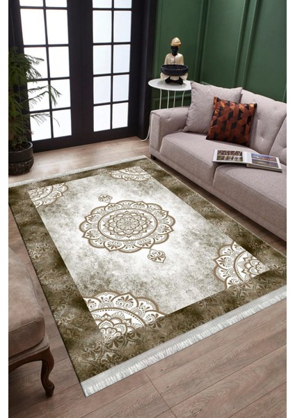 Kahverengi Göbekli Desen Kaymaz Taban Halı Makinede Yıkanabilir Kilim Dot Tabanlı Halı 3019A
