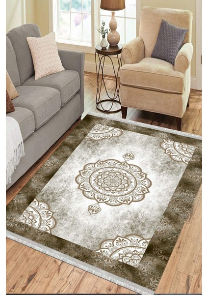 Kahverengi Göbekli Desen Kaymaz Taban Halı Makinede Yıkanabilir Kilim Dot Tabanlı Halı 3019A