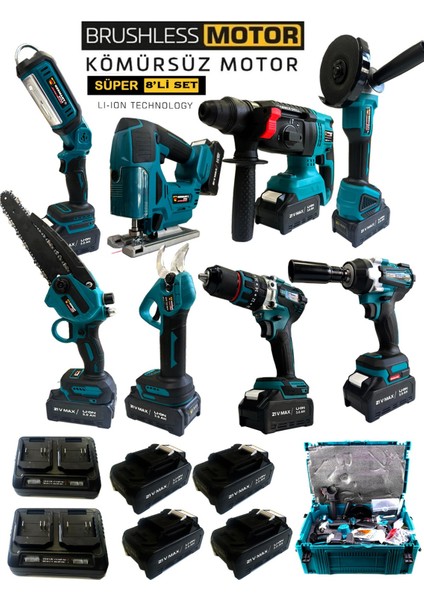 Profesyonel Usta Seti Kömürsüz 8'li Set Kırıcı-Matkap-Dekupaj-Budama Testeresi-Makas-Taşlama-Somun Sökme-Led Aydınlatma