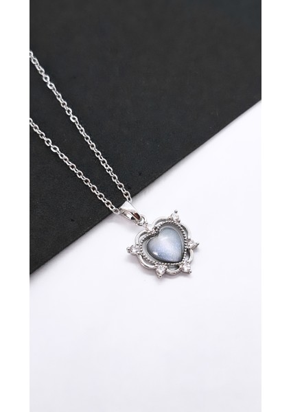Gri Opal Zirkon Taşlı Kalp Figür Çelik Kolye indirimleri