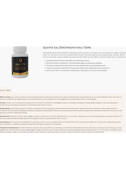 Quarine Saç, Tırnak, Cilt ve Vücut Vitamini (60 Tablet) Dökülme ve Yıpranma Karşıtı Keratin, Biotin, Bitkisel Kök Hücre Extratları,Ginseng ve Multivitamin İçeren Diyet Takviyesi indirimleri