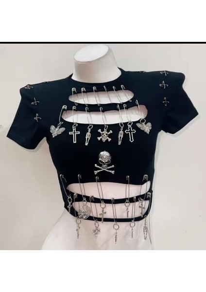 Gotik Crop Tişört, Metal Takılı Tişört, Gotik Giysi Çapraz T-Shirt Kore Giysileri Y2K Tişört Harajuku Moda, Gotik Gömlek Tişört, Punk Gömlek Tişört