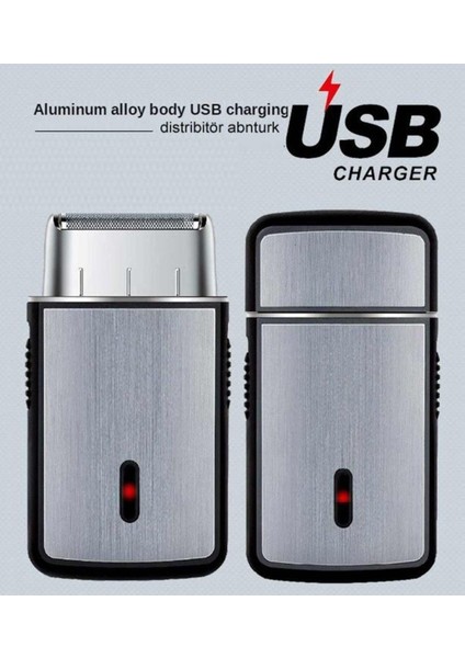 Gümüş Seyahat Uygun Tıraş Makinesi, USB Şarjlı, Alüminyum Metal Gövde