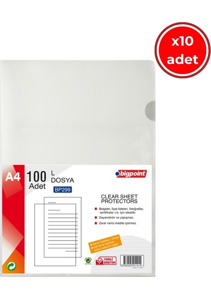 L Dosya, 10 Adet, Standart 90 Mikron, 100'LÜ, Kolay Arşivleme