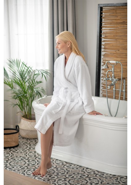 Şalyaka Beyaz Bornoz Pamuklu Clasic Robe Ekstra Yumuşak Lüx Unisex